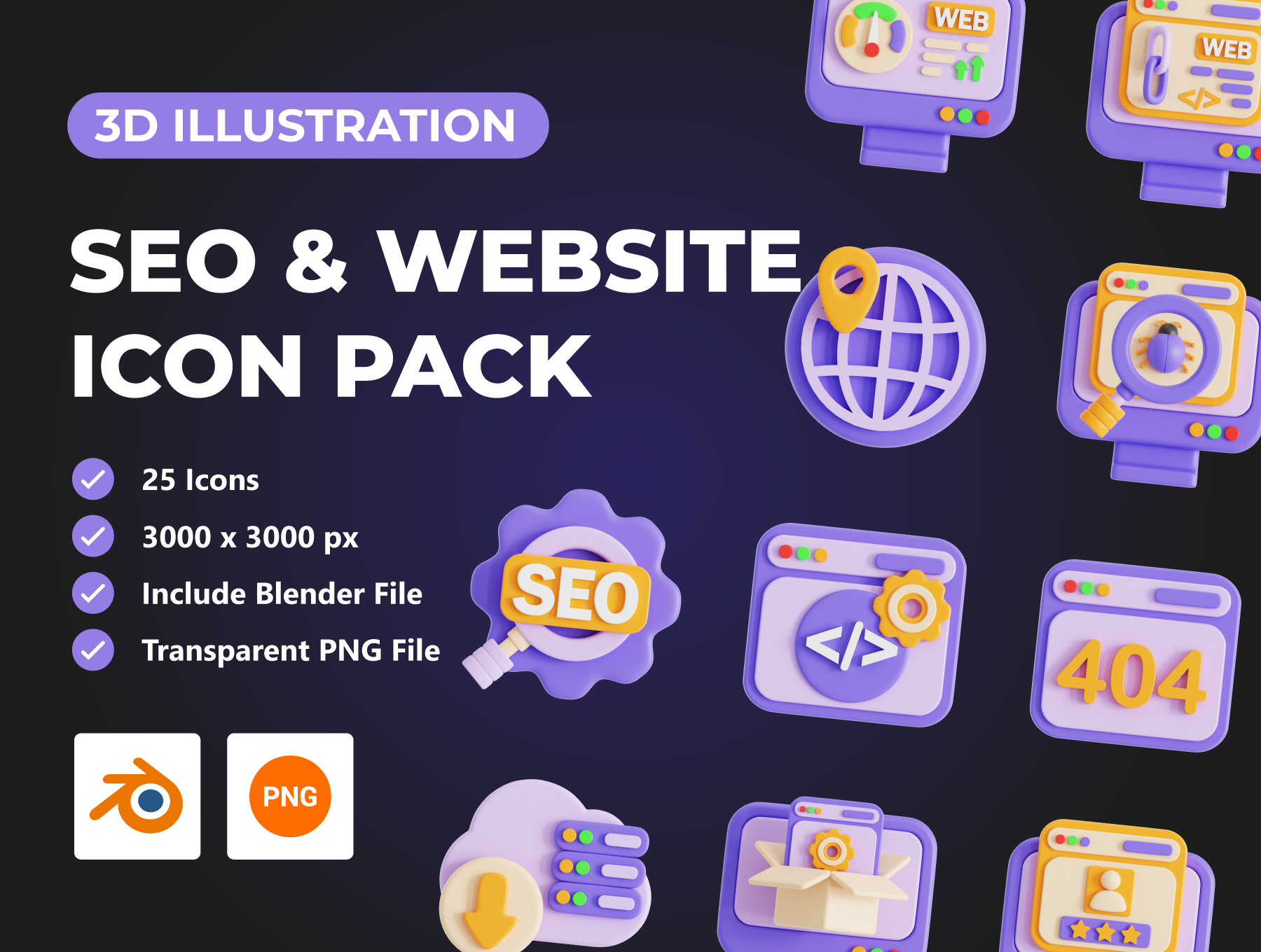 SEO和网站3D图标包 SEO & Website 3D Icon Pack blender格式-3D/图标-到位啦UI